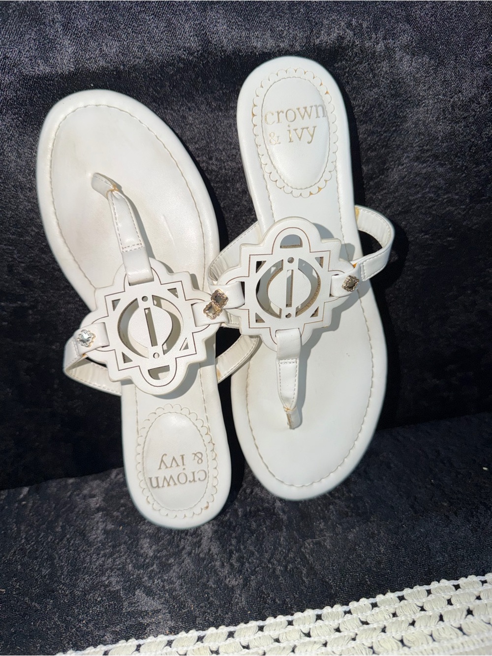 crown & ivy White Decorative T-Strap Sandals